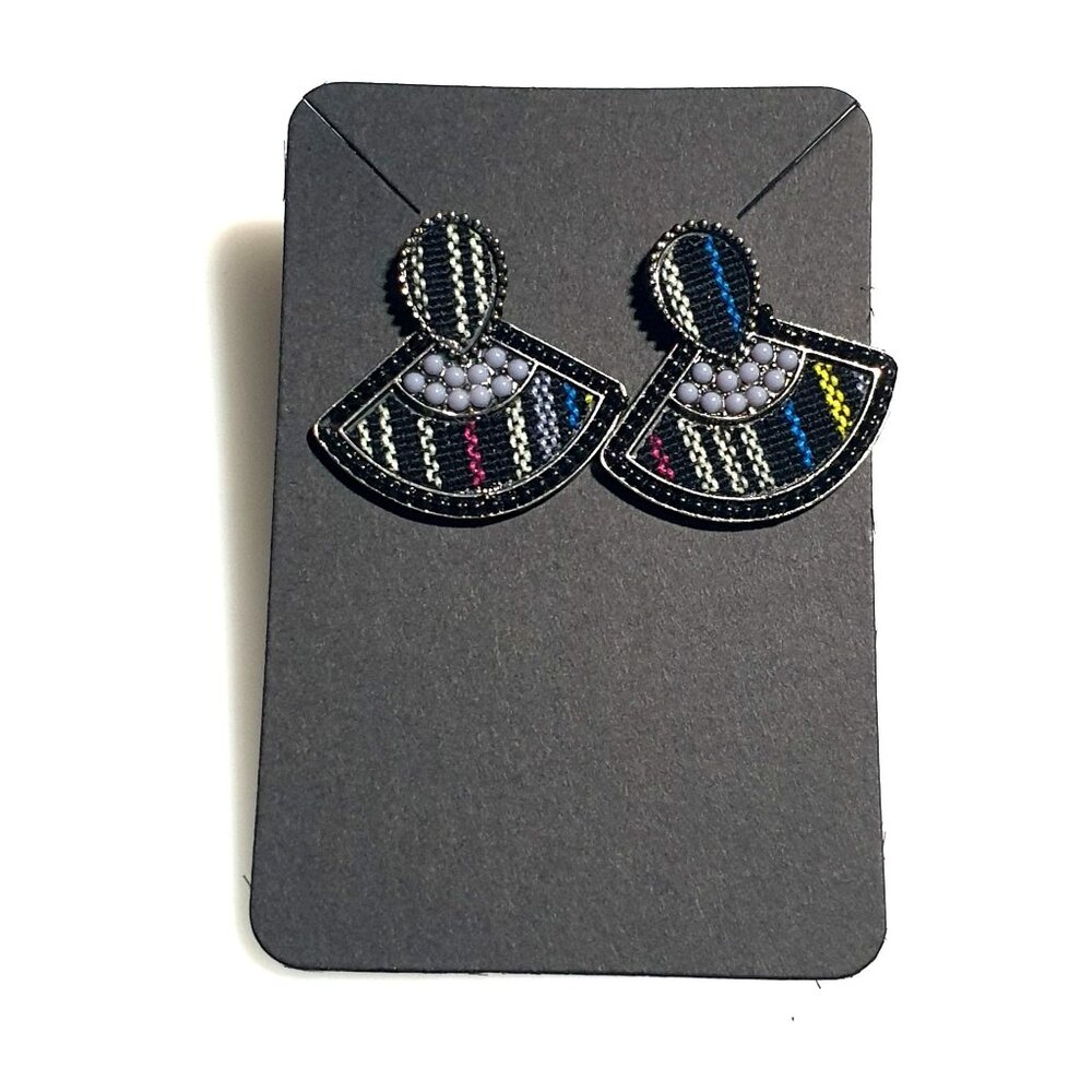 Fabric Fan Stud Earrings Multicolor Woven Pattern Statement Round Post Back Gift